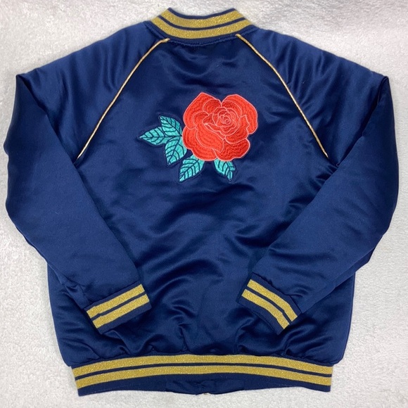 Disney Princess Belle rose Girl's Full Zip satin Bomber Jacket Size L - Picture 1 of 8